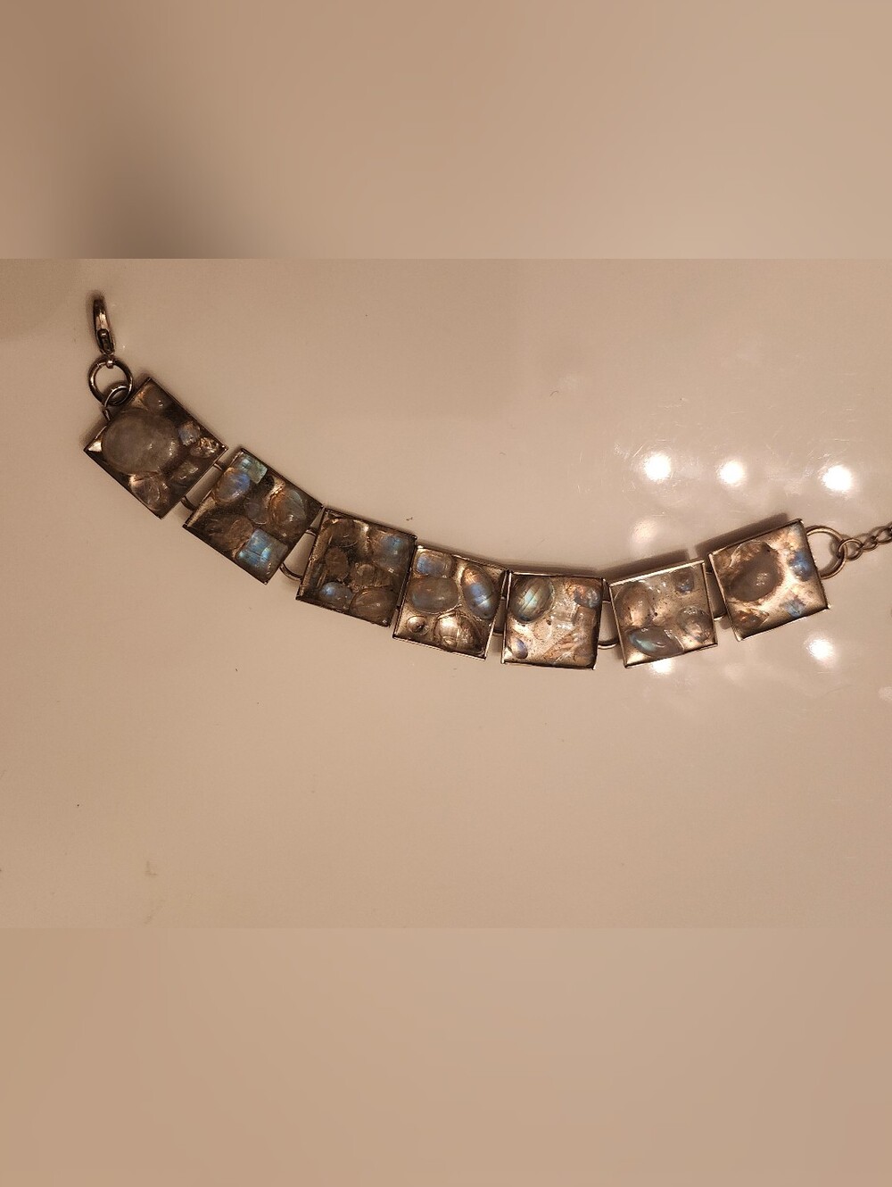 Handmade Stainless Steel Rainbow Moonstone Panel Bracelet